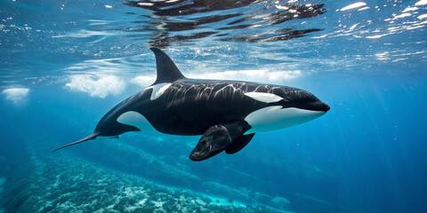 Obraz premium A powerful killer whale glides effortlessly through crystal-clear ocean waters, showcasing its streamlined body and striking black and white coloration, surrounded by vibrant marine life