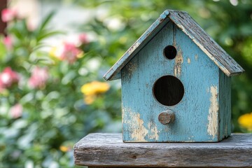 Bright blue wooden birdhouse handcrafted by a carpenter in a lush garden with colorful flowers