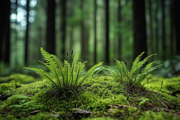 Fototapeta premium A tranquil and verdant atmosphere is formed by thriving moss with its delicate and intricate patterns in shaded understory of a forest 