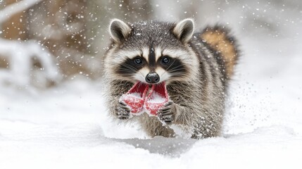 Obraz premium a raccoon playing in the snow with a toy in its mouth The raccoon is surrounded by a blanket of snow, and the background is slightly blurred, giving the image a dr