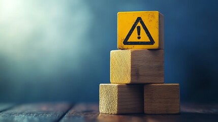 Wooden Blocks Stacked with a Yellow Warning Sign on Top

