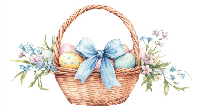 Vintage watercolor Easter basket filled with decorated eggs, wildflowers, and a silky pastel bow, soft and dreamy, white background