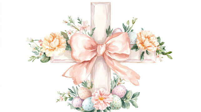 A watercolor christian cross with spring flowers and some easter eggs on the bottom, and a big coquette bow on the middle of the cross, white background clipart, Easter