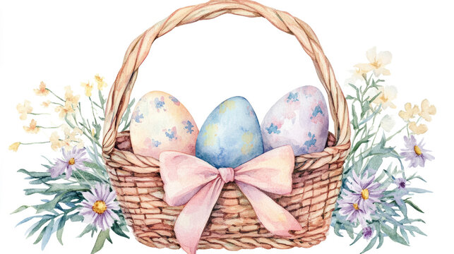 Vintage watercolor Easter basket filled with decorated eggs, wildflowers, and a silky pastel bow, soft and dreamy, white background