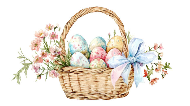 Vintage watercolor Easter basket filled with decorated eggs, wildflowers, and a silky pastel bow, soft and dreamy, white background