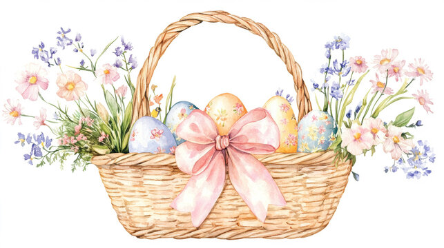 Vintage watercolor Easter basket filled with decorated eggs, wildflowers, and a silky pastel bow, soft and dreamy, white background