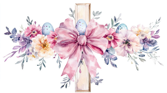 A watercolor christian cross with spring flowers and some easter eggs on the bottom, and a big coquette bow on the middle of the cross, white background clipart, Easter