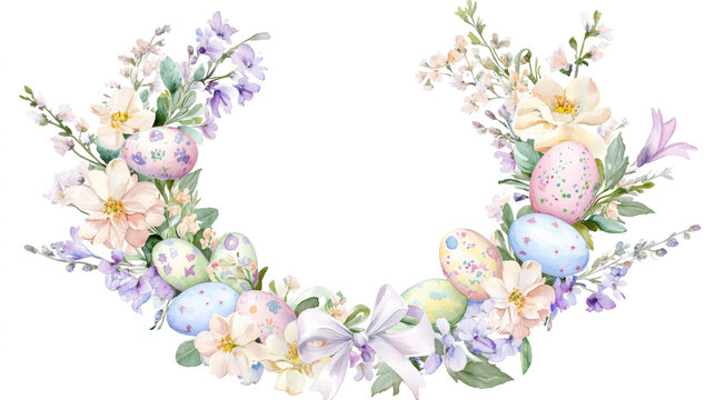 Watercolor Easter wreath with pastel spring flowers, decorated eggs, soft ribbons, and a delicate coquette bow, white background, clipart styl
