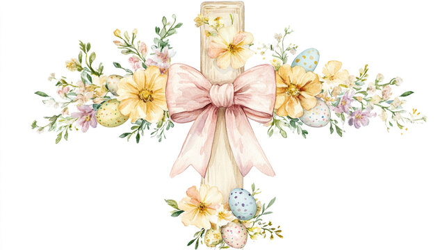 A watercolor christian cross, Easter, with spring flowers and some easter eggs on the bottom, and a big coquette bow on the middle of the cross, white background clipart 