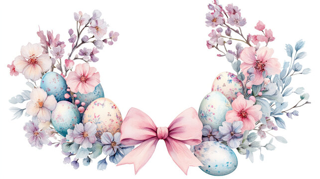 Watercolor Easter wreath with pastel spring flowers, decorated eggs, soft ribbons, and a delicate coquette bow, white background, clipart styl