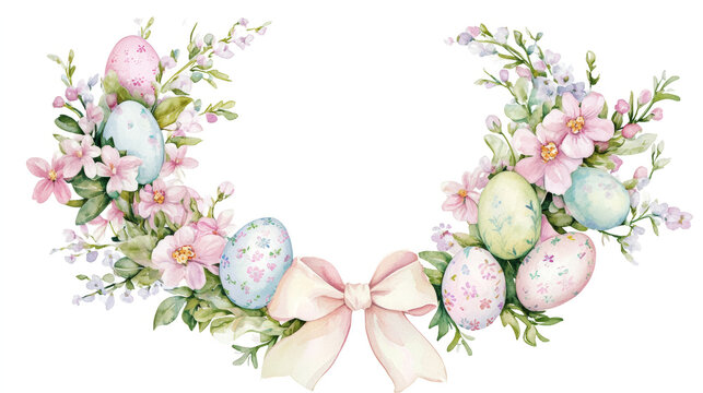 Watercolor Easter wreath with pastel spring flowers, decorated eggs, soft ribbons, and a delicate coquette bow, white background, clipart styl