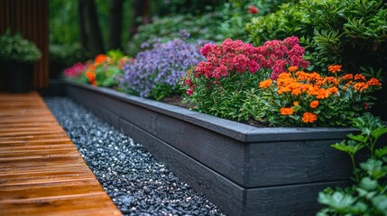 Stunning Garden Design: A Modern Landscape with Vibrant Flowers and a Wooden Deck