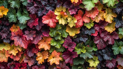  a close up of a plant with red and yellow leaves, which is a type of heuchera The leaves are vibrant and full of life, with a mix of red, yellow, and green hues