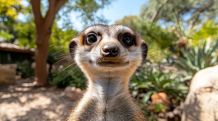 Obraz premium a meerkat looking at the camera with its brown, black and white fur standing out against the blurred background of trees, plants and sky