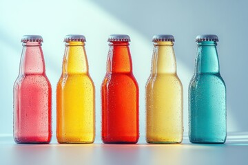 Vibrant assortment of colorful sparkling beverages illuminated by soft light on a minimalist background