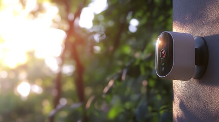 Outdoor security camera mounted on wall during sunset


