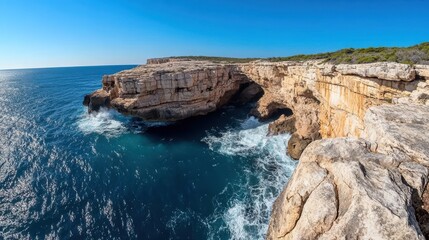 Majestic cliffs embrace a vast ocean as waves fiercely crash against their jagged edges under a clear, blue sky, capturing nature's grandeur.