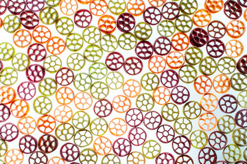 Background with texture dry italian pasta Rotelle. Different flavors and colors: egg, spinach, carrot, pepper.