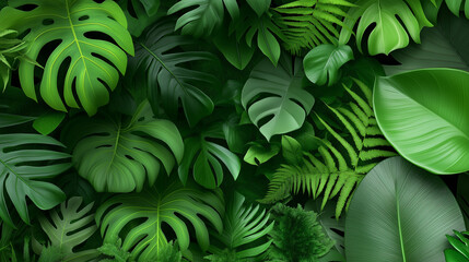A lush close-up of green tropical leaves, creating a vibrant and natural jungle atmosphere.