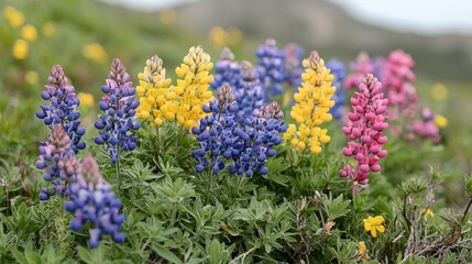 Obraz premium a field of vibrant lupine flowers in full bloom, with a blurred background that adds to the beauty of the scene The colors of the flowers range from deep purples t