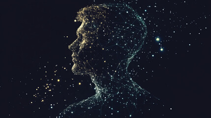 Measuring height low poly wireframe. Male on Vector polygonal image in the form of a starry sky or space, consisting of points, lines, and shapes in the form of stars with destruct shapes.