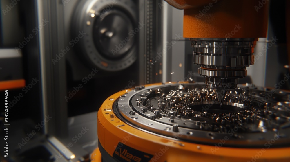 Poster ai-controlled precision machining robots shaping intricate mechanical parts with high accuracy.