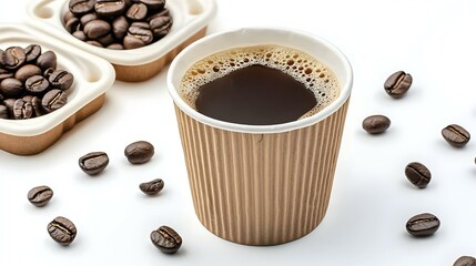 Kopi dalam cangkir dengan biji kopi isolated on white background. American food