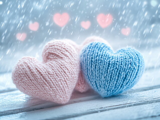 Romantic knitted heart cushions on a wooden surface