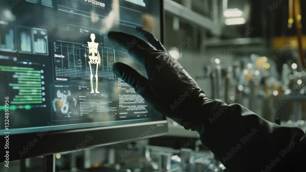 Poster engineer wearing black gloves interacting with a touchscreen to monitor and control an innovative au