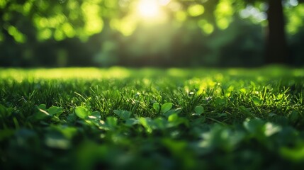 Naklejka premium Lush Green Meadow Basking in Sunlight