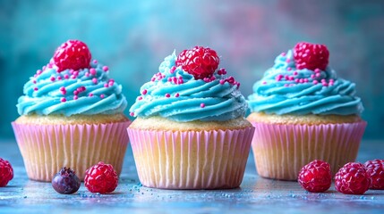  three cupcakes with blue frosting and raspberries on top, set against a blurred background
