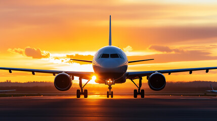 Fototapeta na wymiar A commercial airplane on the runway at sunrise, with the golden sun glowing behind it, creating a dramatic silhouette.