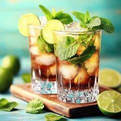 Refreshing cocktails with mint and lime on a wooden surface.