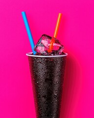 Refreshing drink with ice in a colorful cup against pink background.