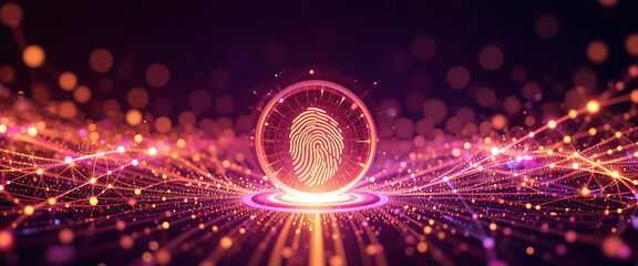 Abstract cyber security background with connected points illustrated vector style, warm Color combination, speed of light, spreading warm colors vibrant light round , glowing finger print sensor on th