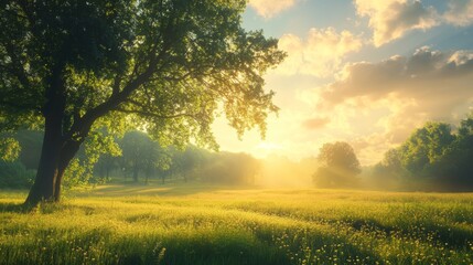 Obraz premium Serene Sunrise Meadow: Golden Light Illuminates Tranquil Landscape