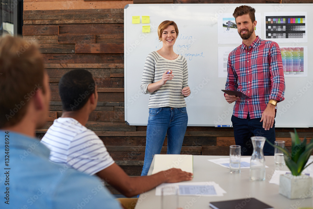 Poster smile, people and designer with presentation in office for brainstorming, creative ideas and teamwor