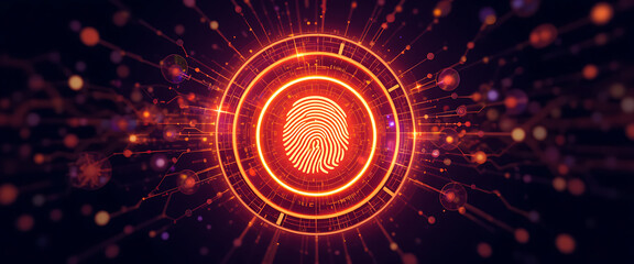 Obraz premium Abstract cyber security background with connected points illustrated vector style, warm Color combination, speed of light, spreading warm colors vibrant light round , glowing finger print sensor on th