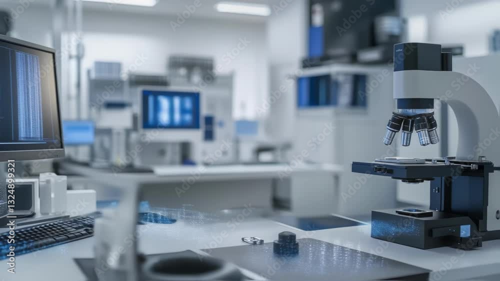 Poster modern microscope is analyzing innovative materials with computer processing data in the background,