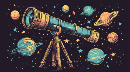 Naklejka premium Abstract image of a telescope in the form of a starry sky or space, consisting of points, lines, and shapes in the form of planets, stars and the universe. Vector cosmos or space illustration
