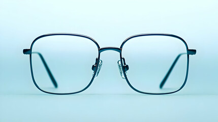 Fototapeta premium Square Metal Frame Eyeglasses In Blue Tone With Transparent Lenses On Light Blue Background
