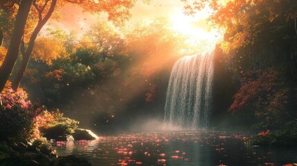 Fototapeta premium Autumn Waterfall Serenity: A Breathtaking Cascade in a Magical Forest
