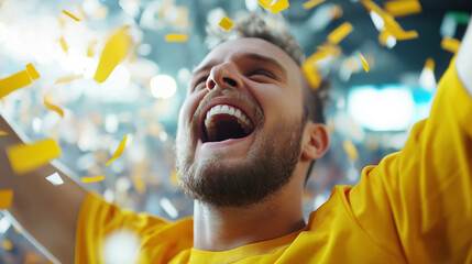 A joyful sports fan in a yellow jersey celebrates with arms raised as golden confetti falls around him.