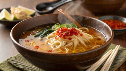 Hearty bowl of Japanese ramen noodle soup, garnished with vibrant red roe and fresh scallions. Served in a rustic brown bowl with chopsticks, this image captures the essence of authentic Asian cuisine