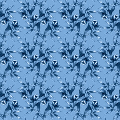 Seamless background with blue flowers. Hand drawn watercolor flowers and leaves pattern.