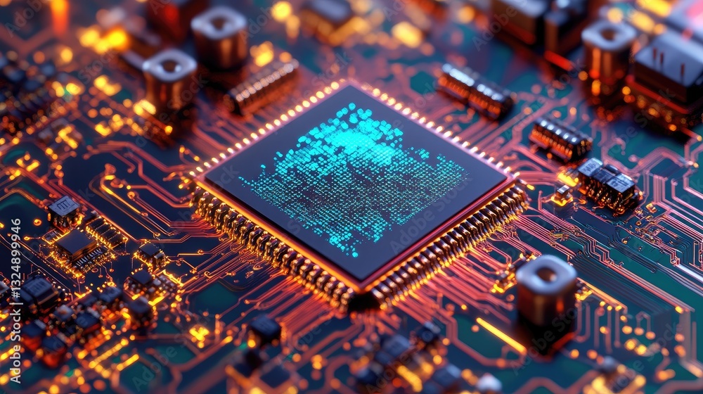 Poster a d render of a futuristic circuit board with quantum computing elements.