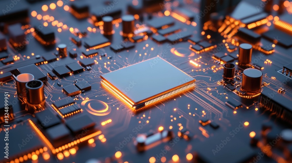 Poster a d render of a futuristic circuit board with quantum computing elements.