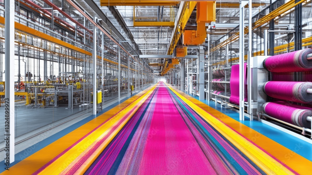 Poster a d render of an advanced textile factory with ai-driven automation and digital fabric monitoring.