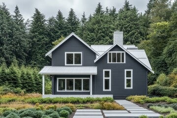A sleek modern house painted in charcoal gray with crisp white trim and matte white roof shingles