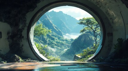 Circular Gateway to a Tropical Paradise: Unveiling a Breathtaking View of Lush Mountains and Verdant Valleys